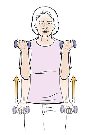 Woman doing biceps curl exercise with hand weights.