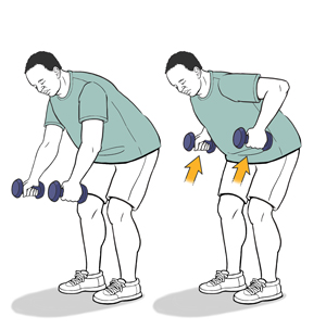 Man bent at the waist doing row exercise with dumbbells.